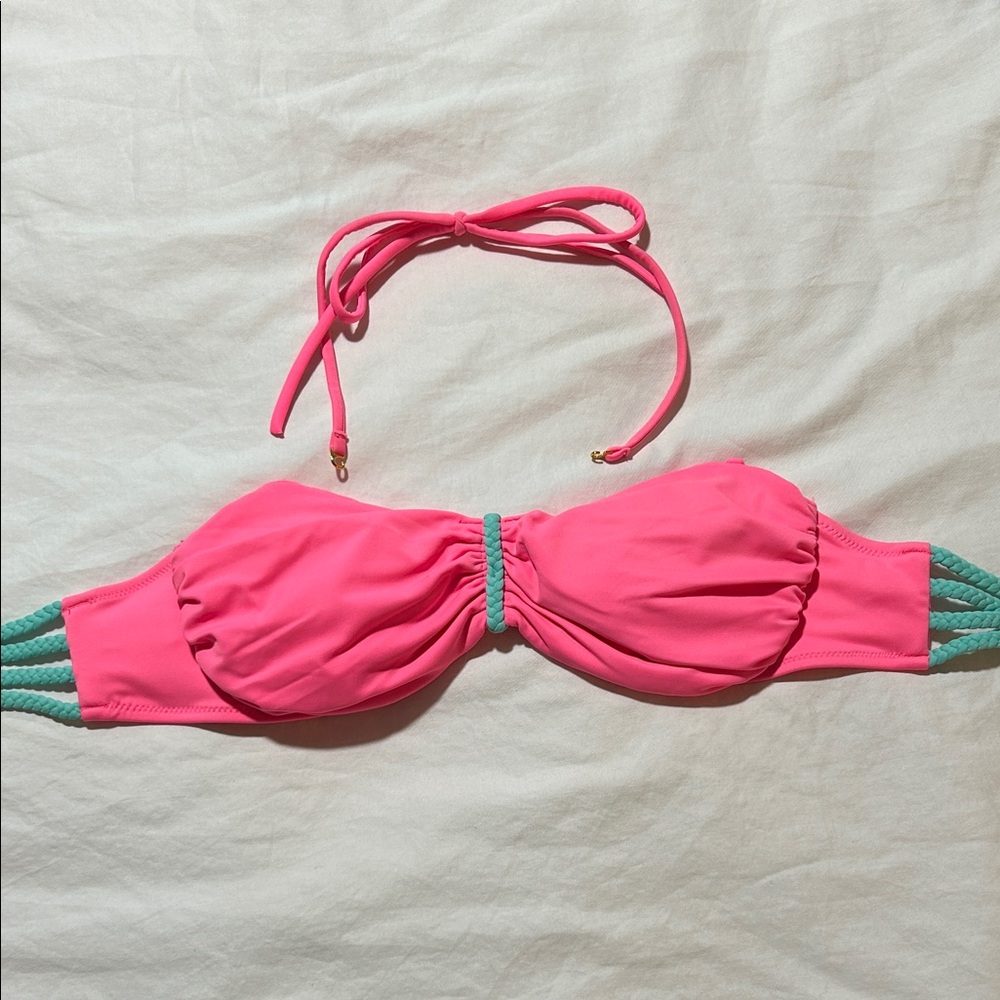 Victoria's Secret Bright Pink Bandeau Bikini Top with Turquoise Braids